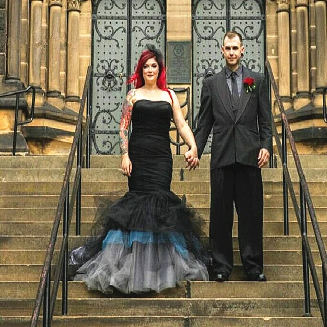 $US $105.56 Gothic Design Black Wedding Dresses Mermaid Strapless Pleated Ruffles Draped Tulle Vintage Bridal Gowns vestido de noiva