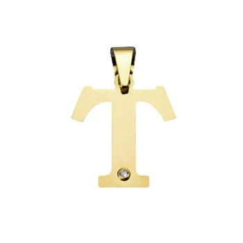 

18k gold pendant initial 22mm. Letter T unisex flat smooth detail cubic zirconia