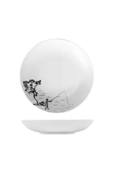 

8.2 Inch White Black Illustrated Porcelain Plate (deeper) Pizza Soup Salad Steak Dinner Kutahya Porcelain Food Tray- fishing man
