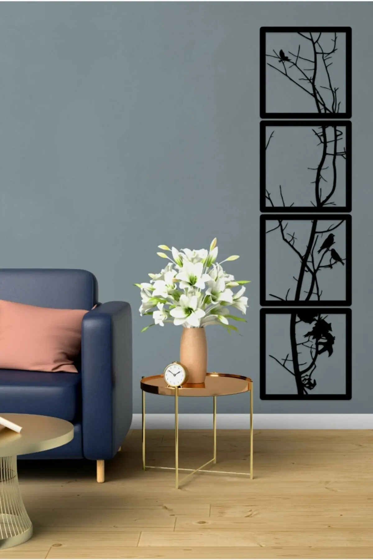 

Tree & Birds 4PCS Set Decorative Painting Picture Black Laser Cut Wood Board Wall Stickers Accessory Home Office Room Modern