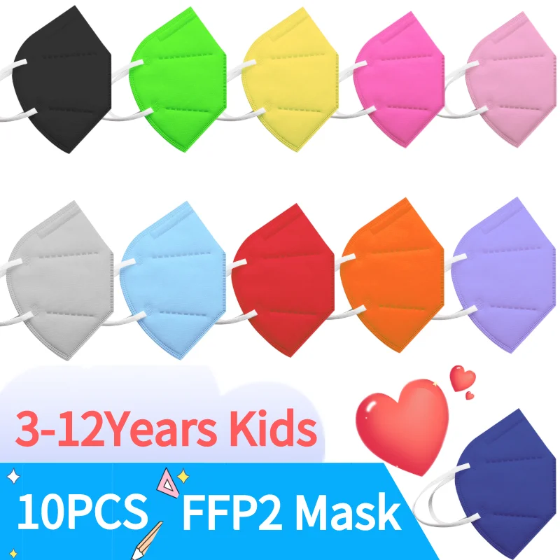 Mascarillas fpp2 para niños de 3 a 12 años, máscara facial protectora con filtros de 5 capas, Color sólido, 10 Uds.