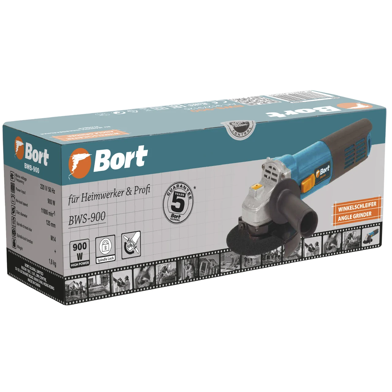 Машина шлифовальная угловая Bort BWS-900 (Мощность 900 Вт, диск 125 мм, блокировка шпинделя)
