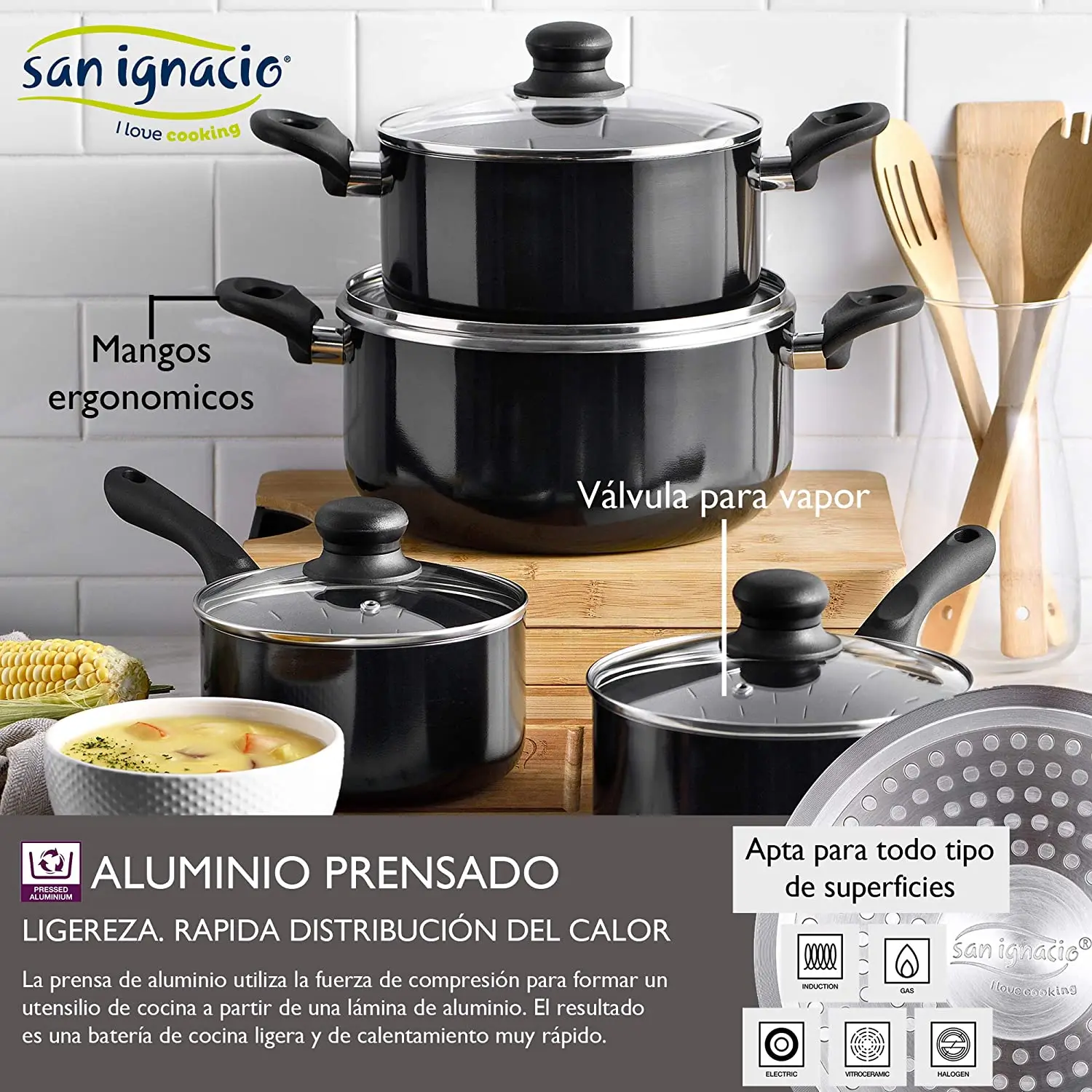San Ignacio Toledo Batería de Cocina 8 Piezas + Set de 2 Sartenes