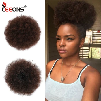 

Leeons Kinky Hair Buns Black Brown Ponytail Synthetic Drawstring Ponytail Short Pony Tail Chignon Fluffy Drawstring Pony Tail