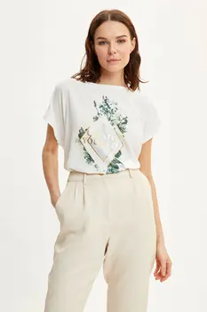 

DeFacto Woman Short Sleeve T-Shirt Women Summer Casual White Top Tees Women Leave Printed Tshirt Tops-R0461AZ20SM