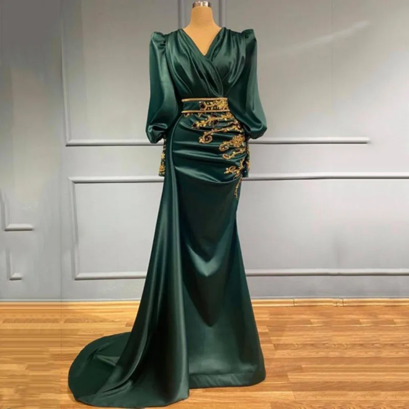 SoDigne Green Satin Evening Dresses Dubai Arabic Abiye Formal Prom Party Gowns With Gold Lace Long Sleeves 2022 Celebrity Dress