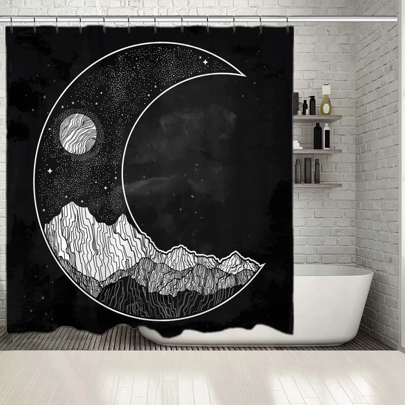 Shower Curtain Mountains Full Moon and Stars Night Sky in Crescent Shape on Dark Background Mystic Artwork Black White | Дом и сад