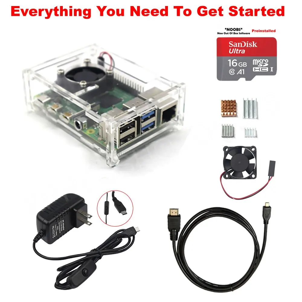 

Raspberry Pi 4 Model B Starter Kit Power Supply Acrylic Case Fan Heatsink HDMI