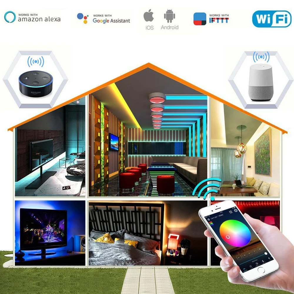 LTG DC 12V 5m 10m 15m WiFi гибкая лента светодиодная RGB Водонепроницаемая SMD 5050 Светодиодная лента+ WiFi Пульт дистанционного управления+ адаптер