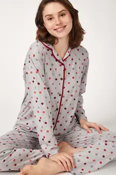 

Happiness ist. Women's Pattern Bottom Top Knitted Pajamas Set