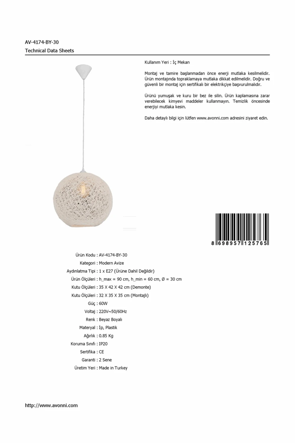 AVONNI AV-4174-BY-30 Белый окрашенный кулон, E27, веревка, пластик