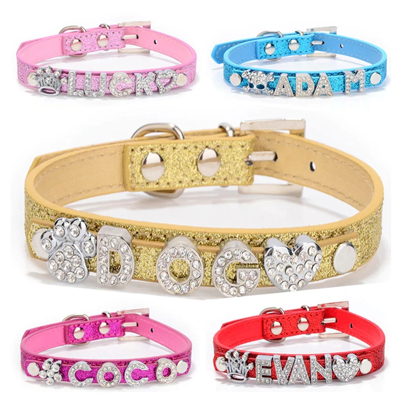 Dog Collar Pet Collar Personalized DIY Name Dog Collars Bling Pet Dog Collar With Diamond Buckle Puppy Cat Letters Charms For Teddy French Bulldog