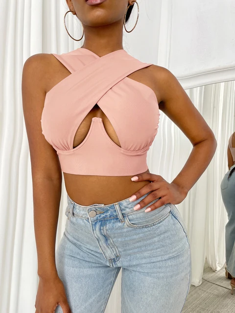 Women's Criss Cross Tank Tops Sexy Sleeveless Solid Color Cutout Front Crop Tops Party Club Streetwear Summer Lady Bustier Tops 72C Coral Pink
