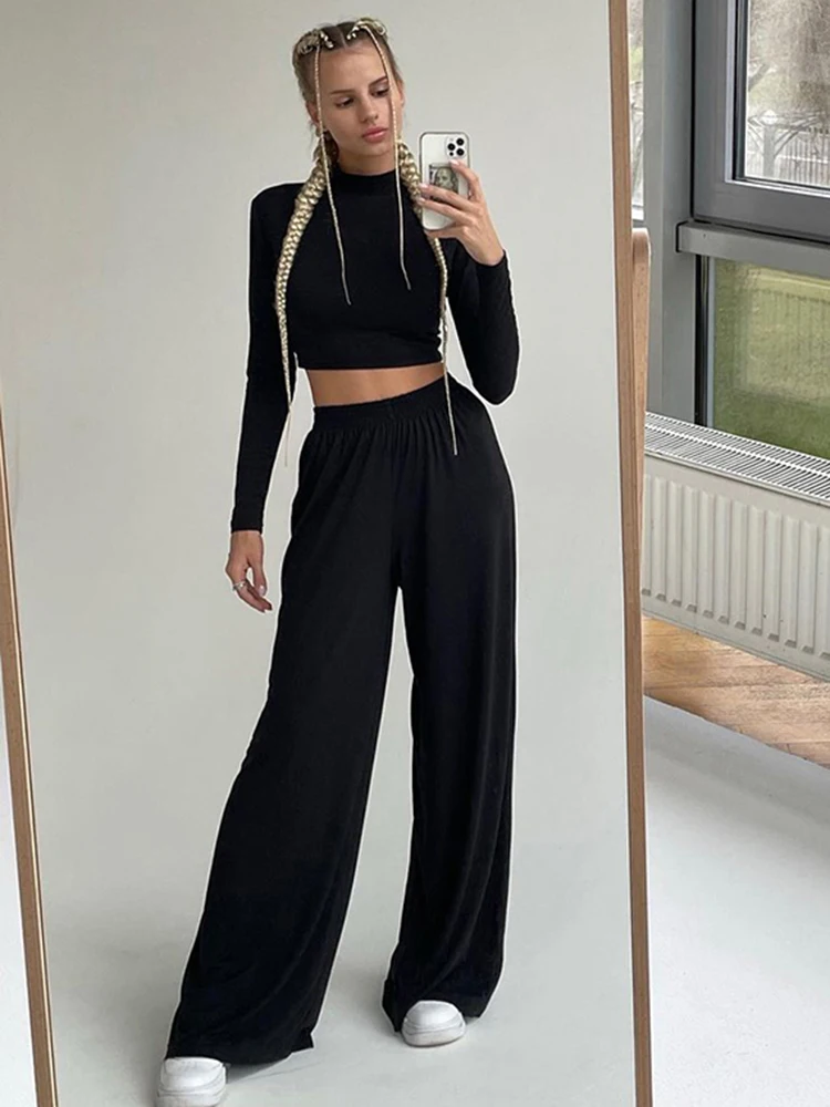 evening pant suits InstaHot Wide Leg Pant Women Two Piece Set Long Sleeve Solid Autumn Casual Outfit Matching Set Casual Homewear 2021 Crop Top Set jogging suits women