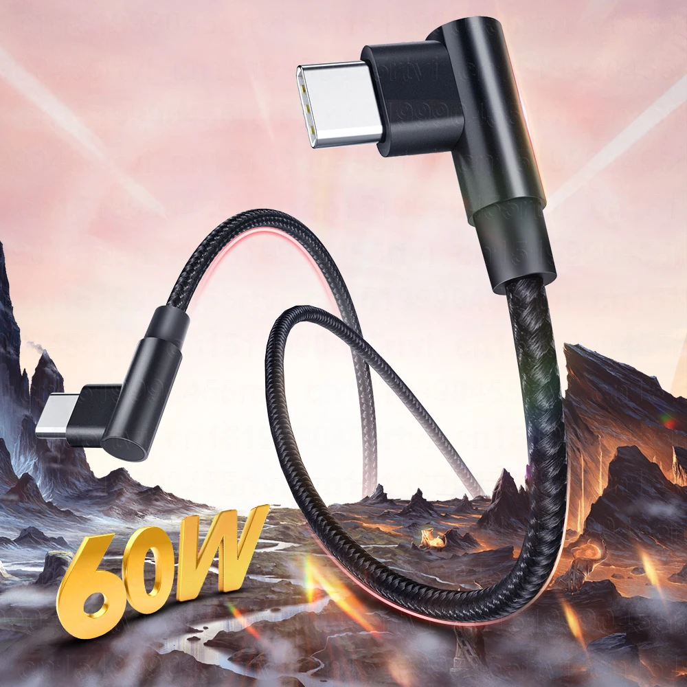 3A double elbow Type-c to USB C 60W fast charging data cable For Huawei Samsung Xiaomi mobile phone charging cable 1m/2m/3m