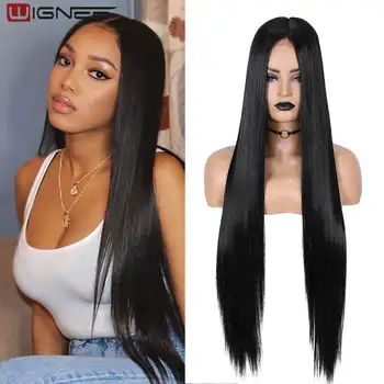 Wignee Long Straight Wig 30 Inch Black Wig Middle Part Lace Wigs With High Lights Synthetic Hair Wigs For Black Women Cosplay 2
