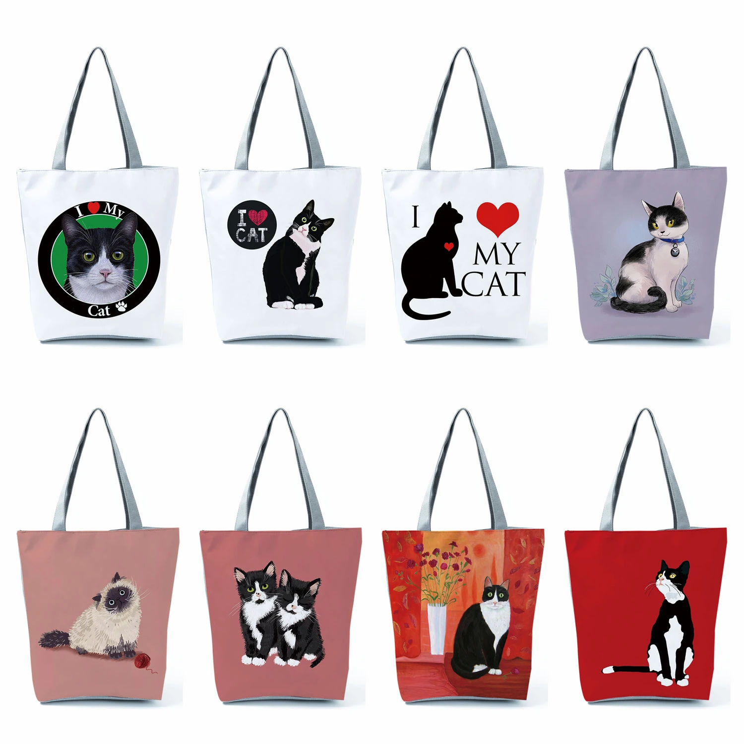Customize Handbgas Cute Black I Love Cat Painting Women Designer Tote Animal Graphic Eco Reusable Shopping Shopper Bags Foldable women's bags brands	.