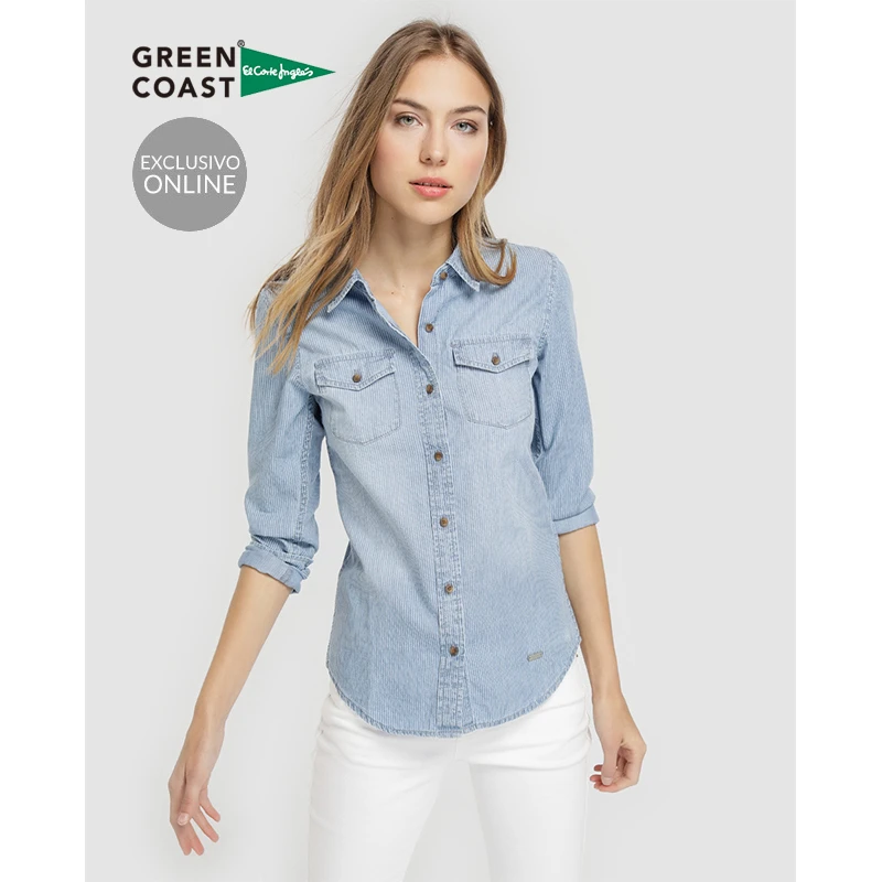 Green Coast Camisa Vaquera Básica de Mujer Rayas Manga Larga con Puño Abotonado Dos