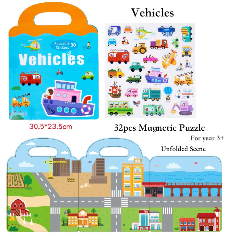 Portable Magnetic Sticker Book Reusable Scenarios Books Cartoon