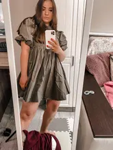 Mini Dress Lantern Short-Sleeve OOTN A-Line Pink Elegant Green Cotton Casual Women Ladies