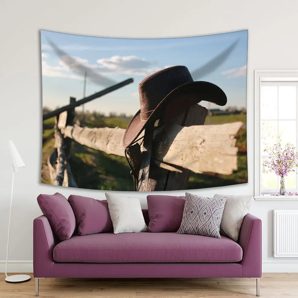 Tapestry Wild West Leather Cowboy Hat on Fence nice Weather Blue Sky Green Grass Country Life Photo Printed | Дом и сад