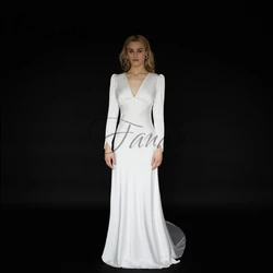 V-Neck Backless Mermaid Wedding Dresses Long Sleeve Satin Sweep Train Empire Bridal Gown vestidos de novia robe de mariée платье
