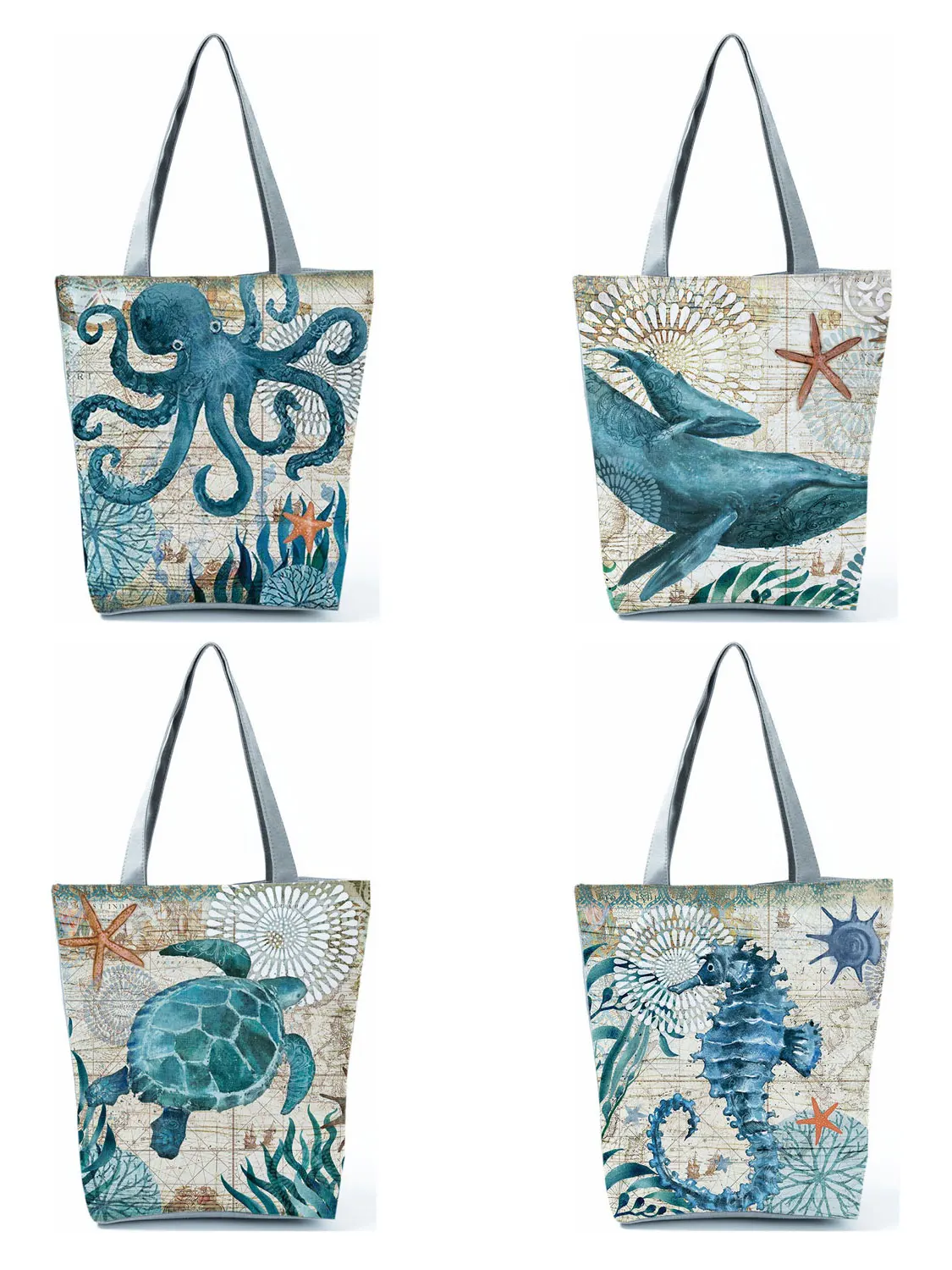 

Ukiyoe Marine Organism Printed Tote Bags Large Women's Bag Reusable Grocery Shoulder Bag Retro Commuting Handbag Eco Shopper