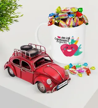 

Personalized Best Teacher Platter Nostalgic Red Metal Beetle and Mug Haribo Candy Seti-11