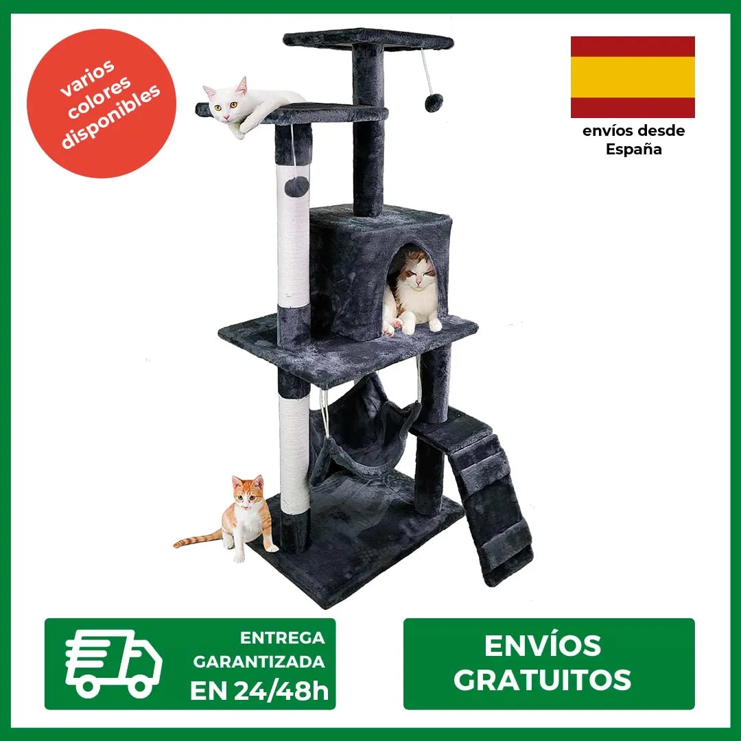 Arbol Rascador Gato, con Cama, 3 Niveles, 56x120x58cm, Postes de Sisal, Árbol, Hamaca, Caseta, con Bolas para Jugar, Edipets