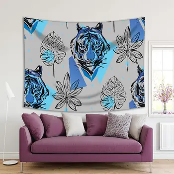 

Tapestry Tiger and Tropical Plant Leaves Exotic Wild Life Animals Nature Artwork Printed Gray Blue Black