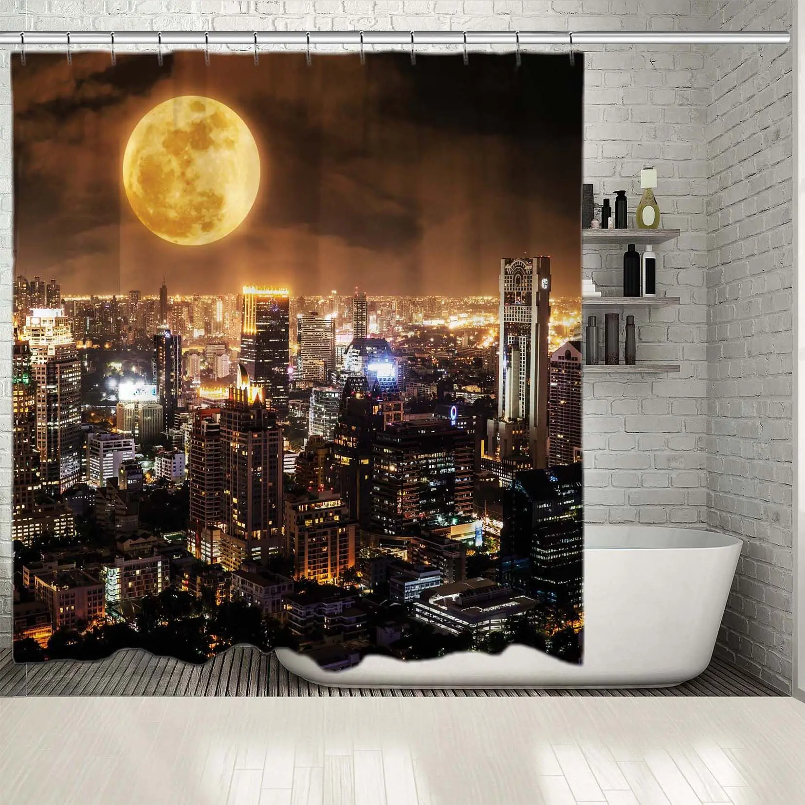 Занавески для душа с принтом Super Moon On Thailand Night City Skyline