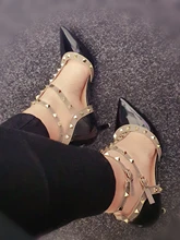 Sandalias de charol puntiagudas para mujer, zapatos con hebilla de remache grueso con tacón, salvaje delgada, verano 2021