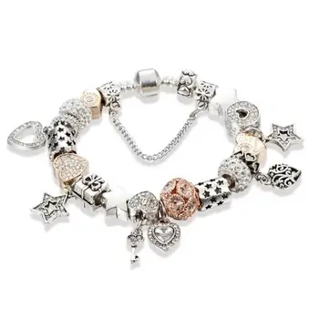 

ANGEMİEL Silver Gold Matching Crystal Stone Heart Charm Bracelet