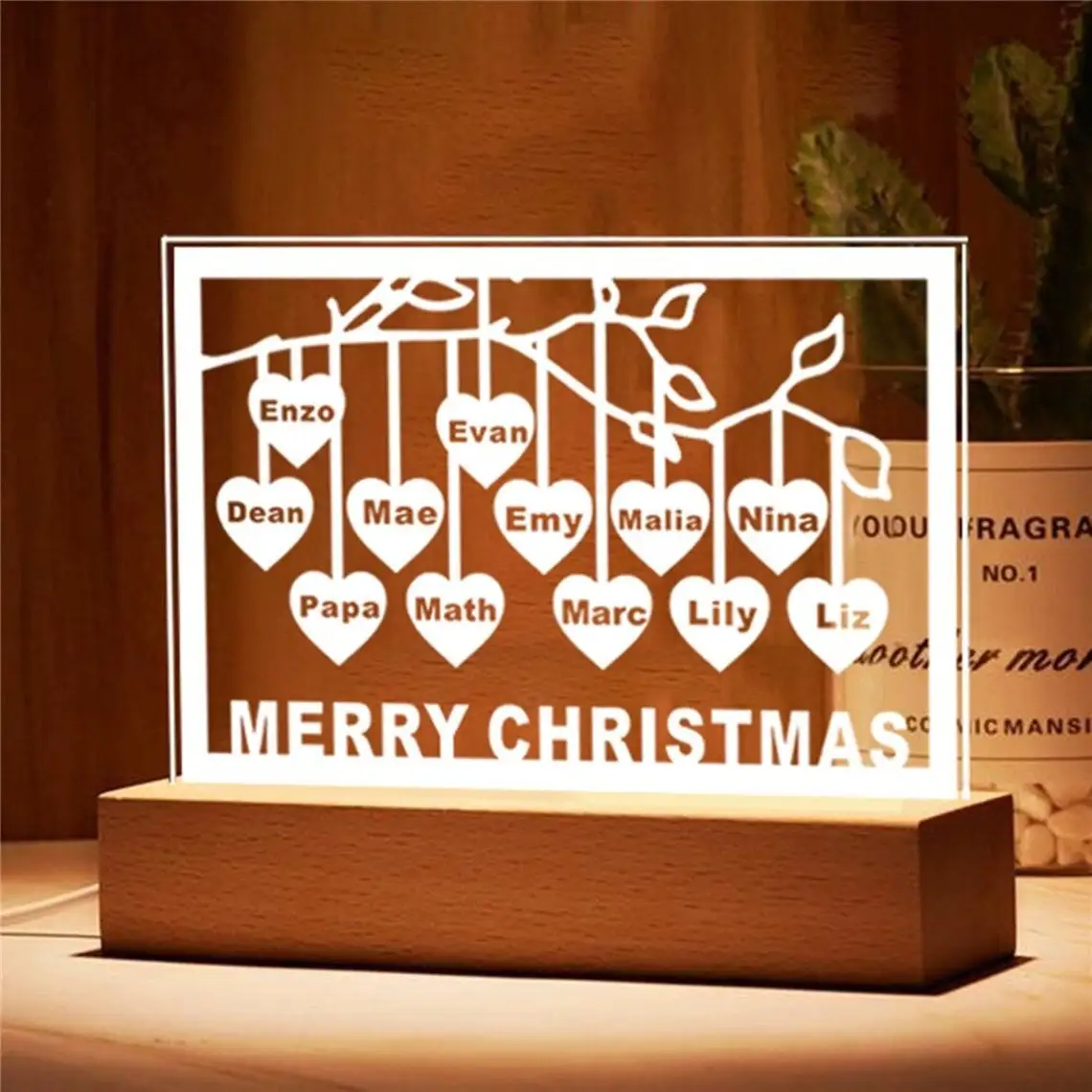 Personalized Family Tree Night Light Heart Names up to 12 Names USB Led Wooden Base Lamp for Mother’s Day Christmas Mom Gift