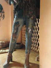 Stretchy Jeans Denim-Pants Painted Woman Trousers Flowers-Pattern 3D with Elegant-Style