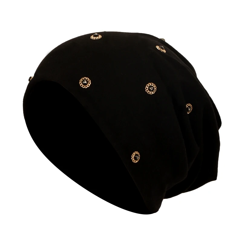 Geebro Women Soft Cotton Hats With Bead Accessories Fashion Baggy Caps Solid Color Warm Adult Outdoor Casual Skullies Beanies 4