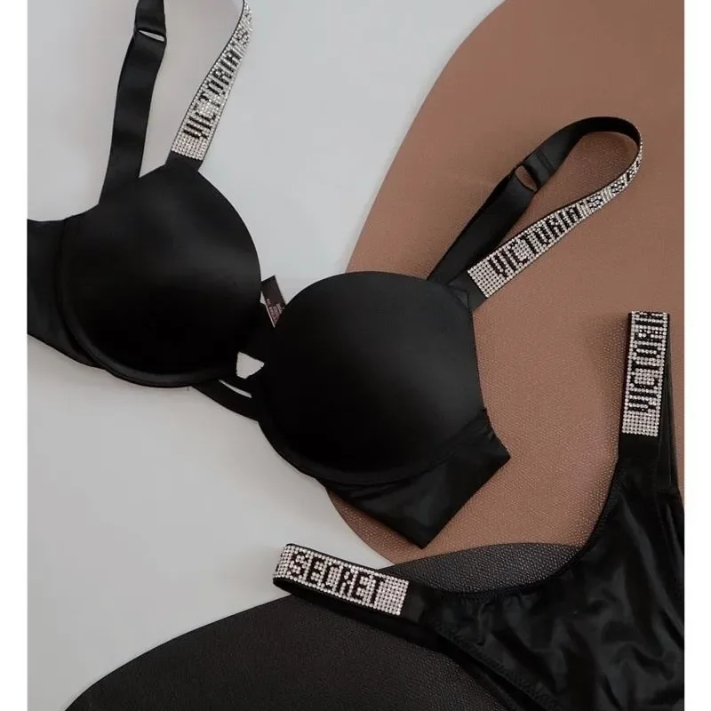 NEW Sexy Rhinestones Comfortable Lingerie Femme Set Push Up Bra Victoria's Secret Women Lingerie Set 2 Pieces Brand Underwear