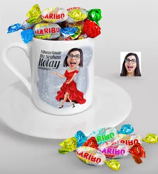 

Personalized Women 'S Nihayetinde Caricature Of Turkish Coffee cup And Haribo Candy Gift Seti-1
