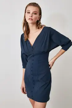 

BEYON WOMEN DRESS V-NECK MINI WITH BUTTONS CHIC LUXURY QUALITY DAILY OFFICE ELEGANCE ROUND COLLAR LONG SLEEVE 2020 FASHION