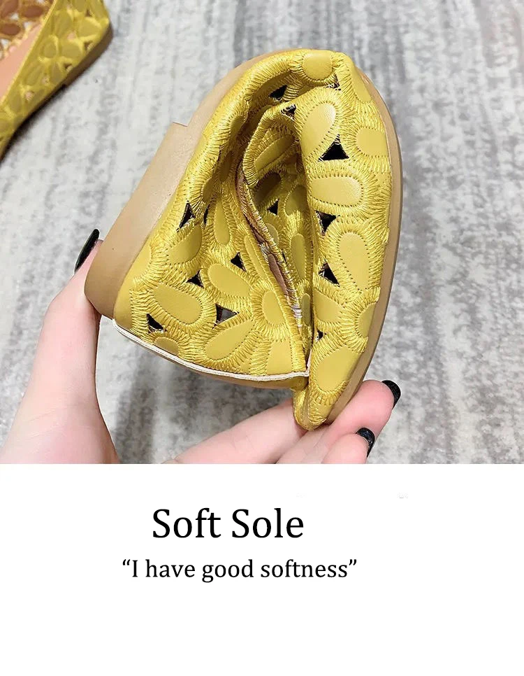 Cheap Square Toe Yellow Loafers Women Soft Leather Flats Big Size 42 Ladies Hollow Out Flat Shoes Woman Flats Embroidery Loafers