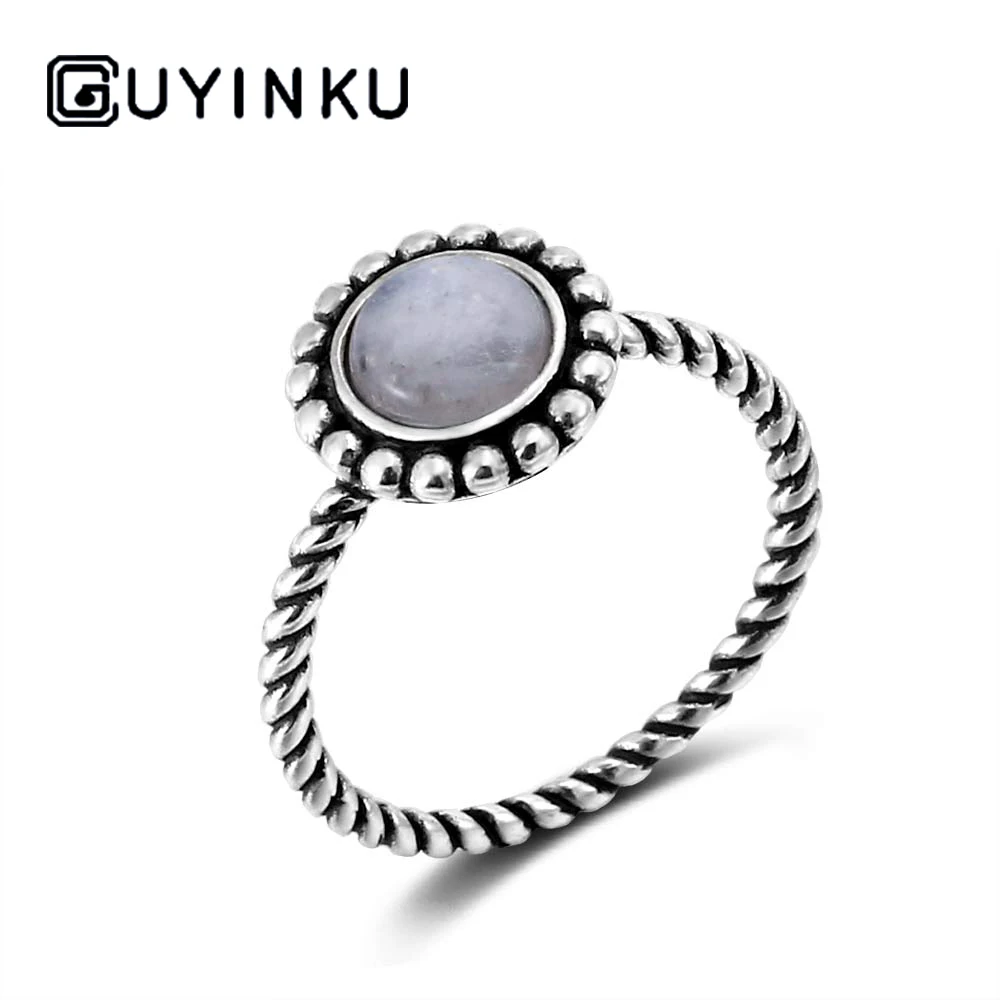 

GUYINKU New Design 7mm Natural Moonstone Ring 925 Sterling Silver Jewelry for Women Cocktail Party Birthday Gift