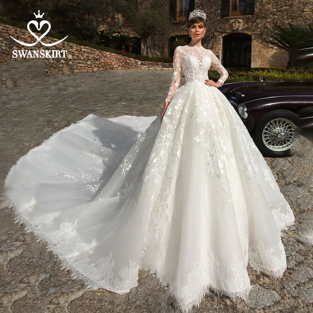 Роскошное Свадебное платье Swanskirt с длинным рукавом, бальное платье с аппликацией, свадебное платье с длинным шлейфом, большие размеры, Vestido De Noiva N120