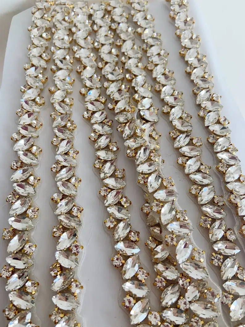 

1 Yard Thin Rose Gold Rhinestone Sash Trim, Thin Crystal Bead Belt For Wedding Sash, Dress Strip Couture