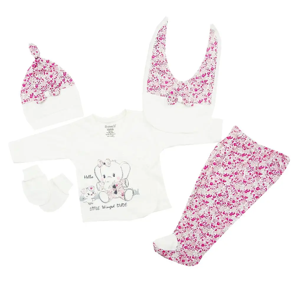 

Newborn Baby Girl Clothes 5 Pieces Set T-shirt Footed Pant Bib Glove Hat %100 Cotton 0 - 3 Mounths