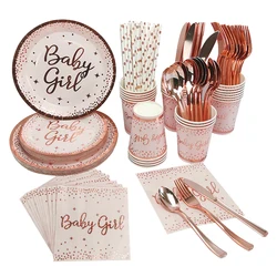 Decoración de fiesta de cumpleaños para niña, taza y plato de papel de bronce de oro rosa, vajilla desechable para Baby shower, fiesta de género