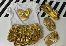Conjuntos de ropa para bebé niña, Pelele de manga corta con estampado de Minnie + Pantalones de PP + turbante + zapatos 4 Uds. Niña recién nacida mono dorado