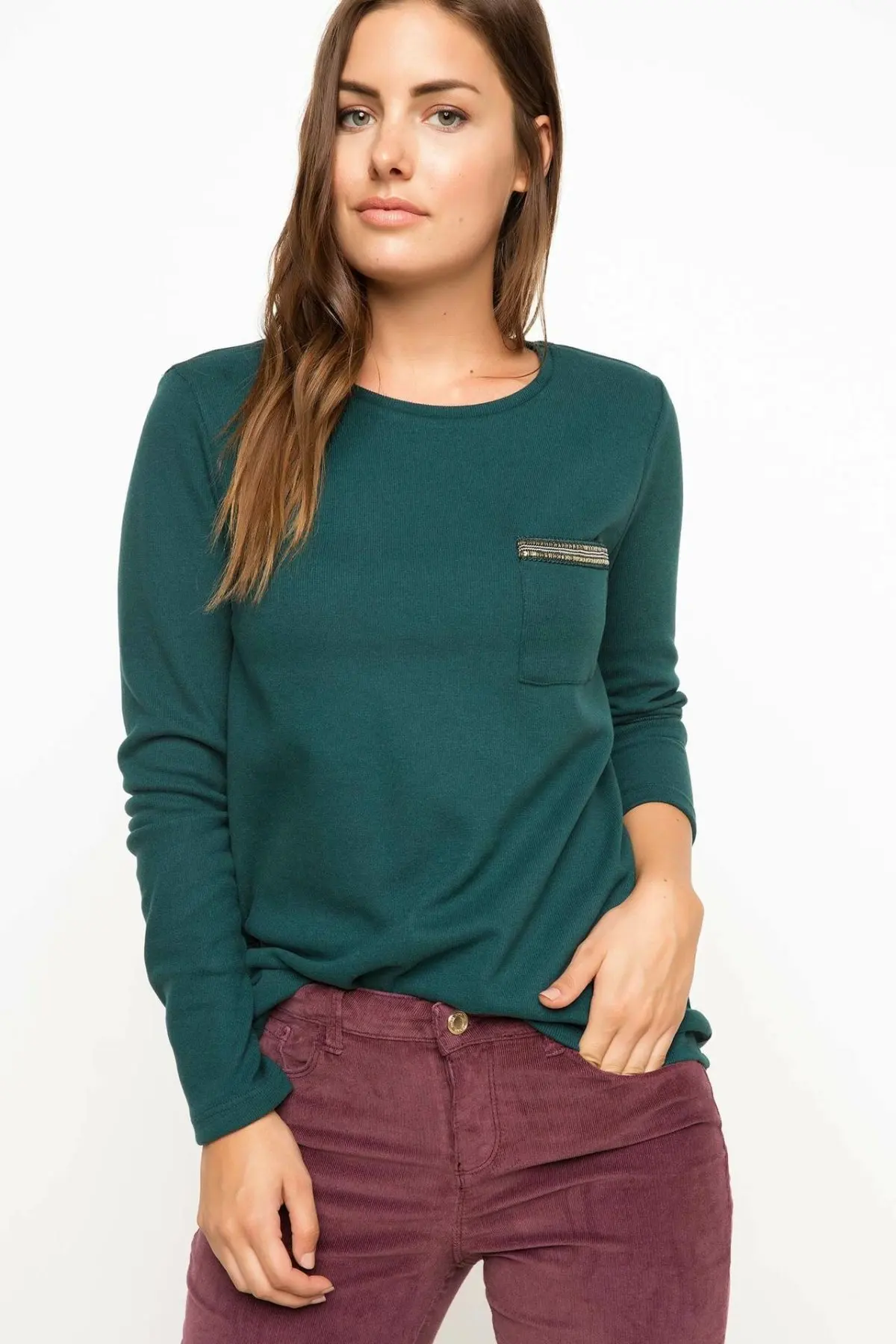 

DeFacto Women Fashion Crewneck Pure Color Pullovers Long Sleeve Loose Green Pullovers Autumn New - H3167AZ17WN