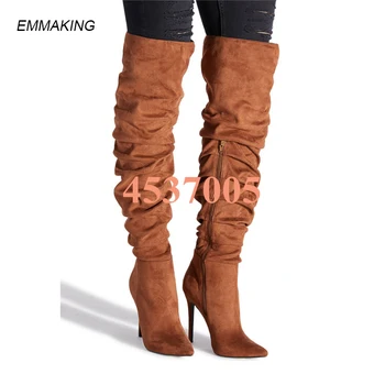 

EMMAKING Women Winter Thigh High Boots Suede Leather High Heels Female Over The Knee Boots Fashion Plus Size Shoes Women 2020