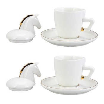 

Karaca Horse 2 Person Coffee Cup Set Turkish Coffee Espresso 2 Cups + 2 Saucers + 2 Cup Cover Made in Turkey %100 Original