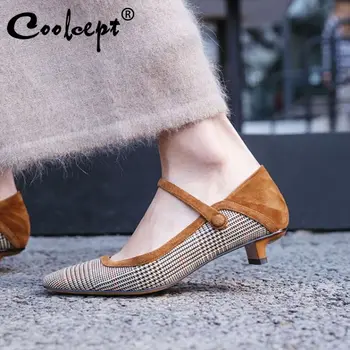 

Coolcept Women Pumps Real Leather Vintage Plaid Square Toe High Heel Shoes Women Casual Party Strange Heels Footwear Size 33-40